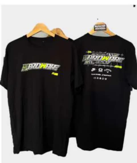 Kaos hitam Hrdwire dengan sablon polyflex hijau stabilo
