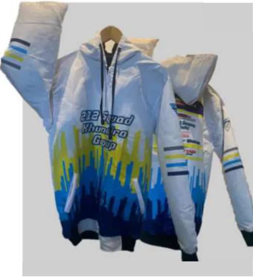 Jaket racing putih biru Khumaira Group dengan logo sponsor