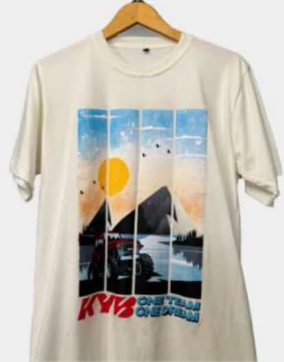 Kaos putih KYB dengan ilustrasi pegunungan